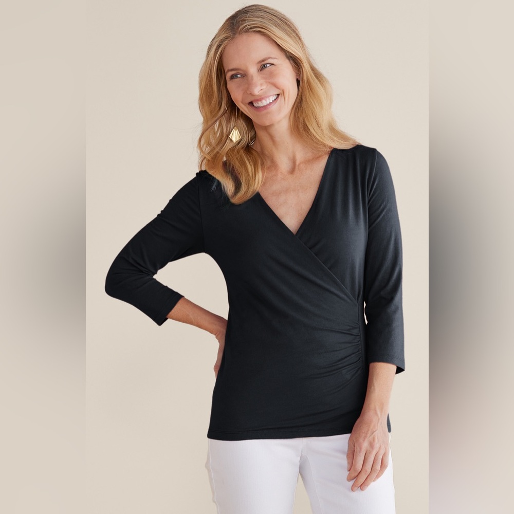 Soft Surroundings Pima Cotton Blend Alyssa Knit Wrap Top 3/4 Sleeves Size Small